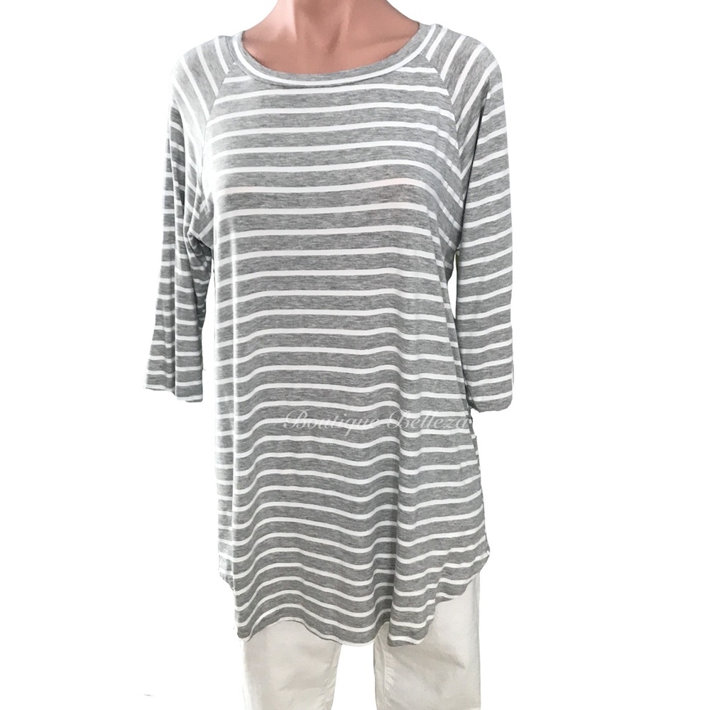 3/4 Sleeve Striped Raglan Top Grey w/White Stripes